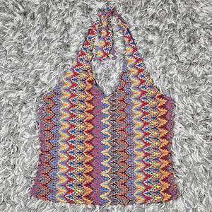 Shameless Halter Top Womens Medium Multicolor Zigzag Tie Back Made USA Boho